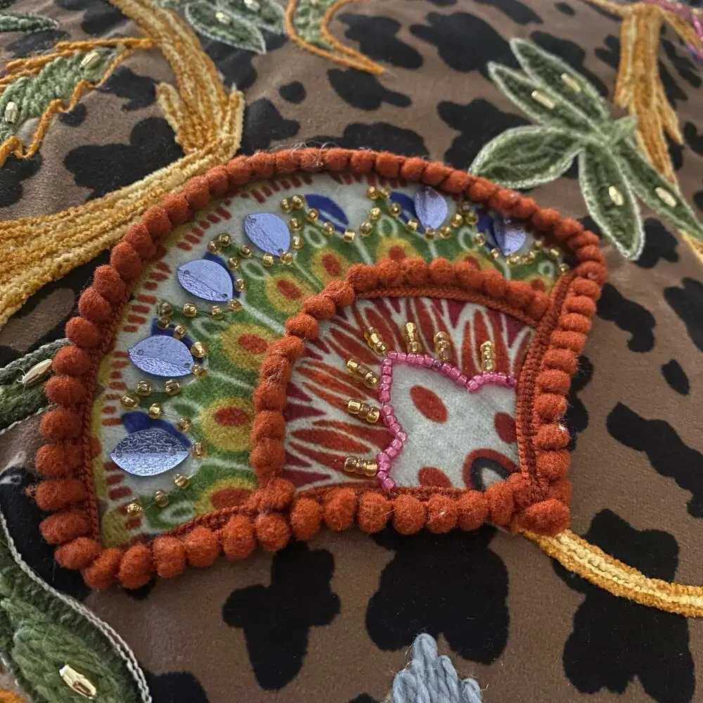 Handmade Decorative Accent Pillow with Embroidered Beaded Accents & Animal Print